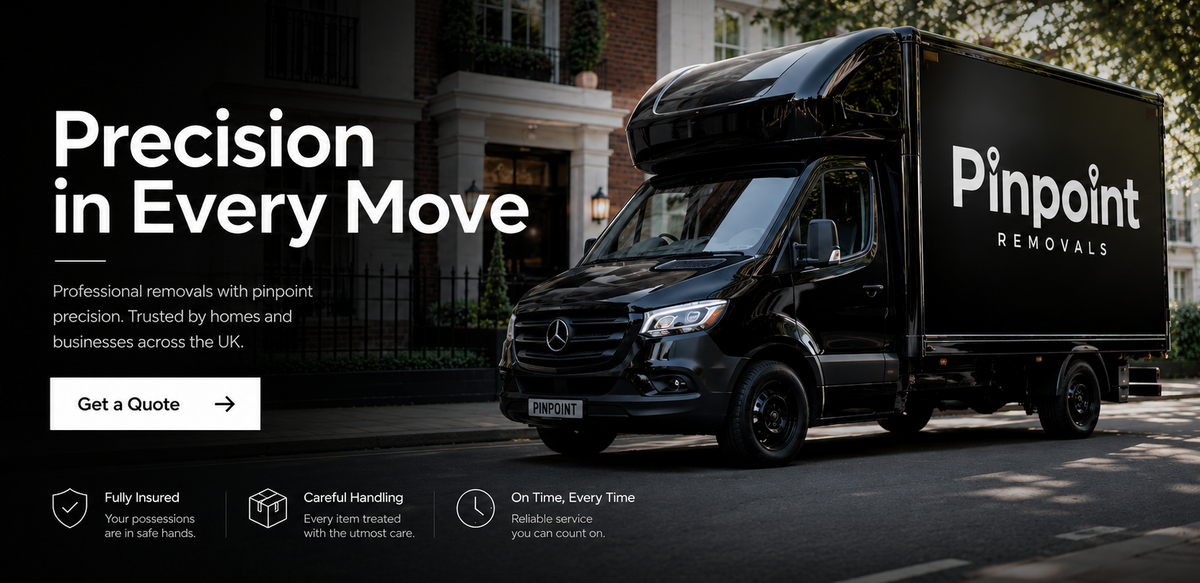A black Pinpoint Removals truck parked on a street in front of a building, with large promotional text on the left reading 'Precision in Every Move' and 'Get a Quote'. The truck has the Pinpoint Removals logo on the side panel.