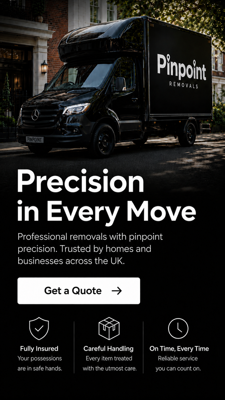 Black Pinpoint Removals van with branded signage outside a residential property, promoting professional house removals with the strapline Precision in Every Move.